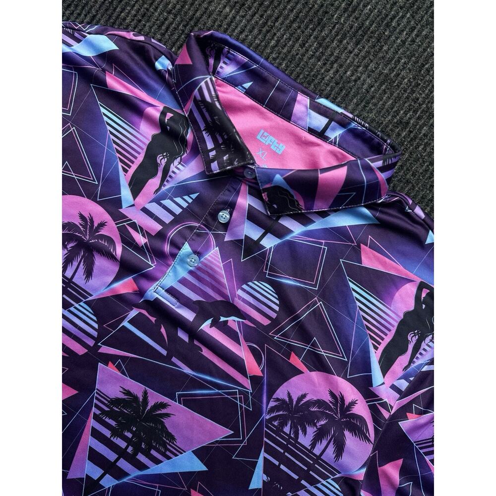 Lofty Llama Miami Slice Performance Polo Shirt Men's XL Retro Vaporwave Golf